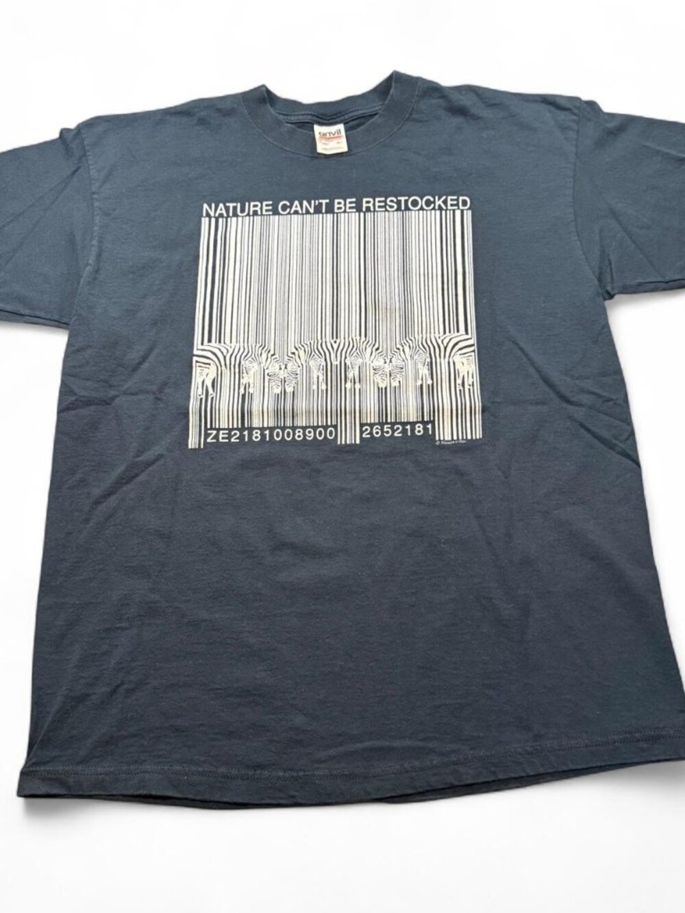 Vintage 90s Human-i-Tees Nature Can't Be Restocked Zebra Barcode Tee Large